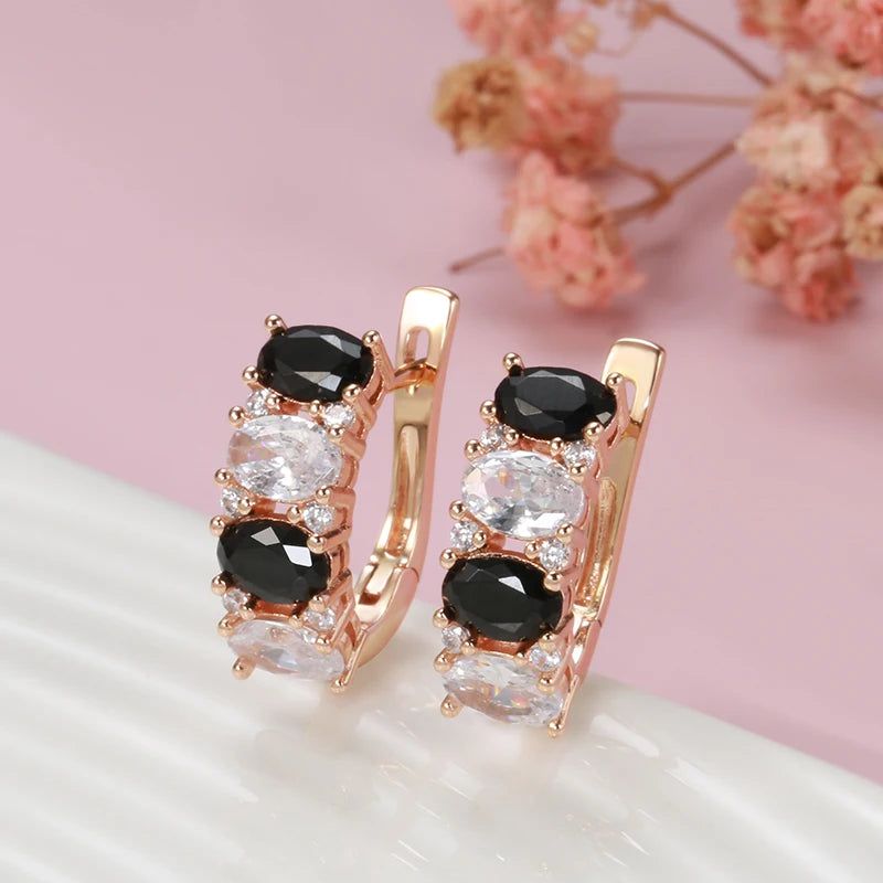 Vintage 585 Rose Gold Drop Earrings with Black Natural Zircon - Elegant High-Quality Jewelry