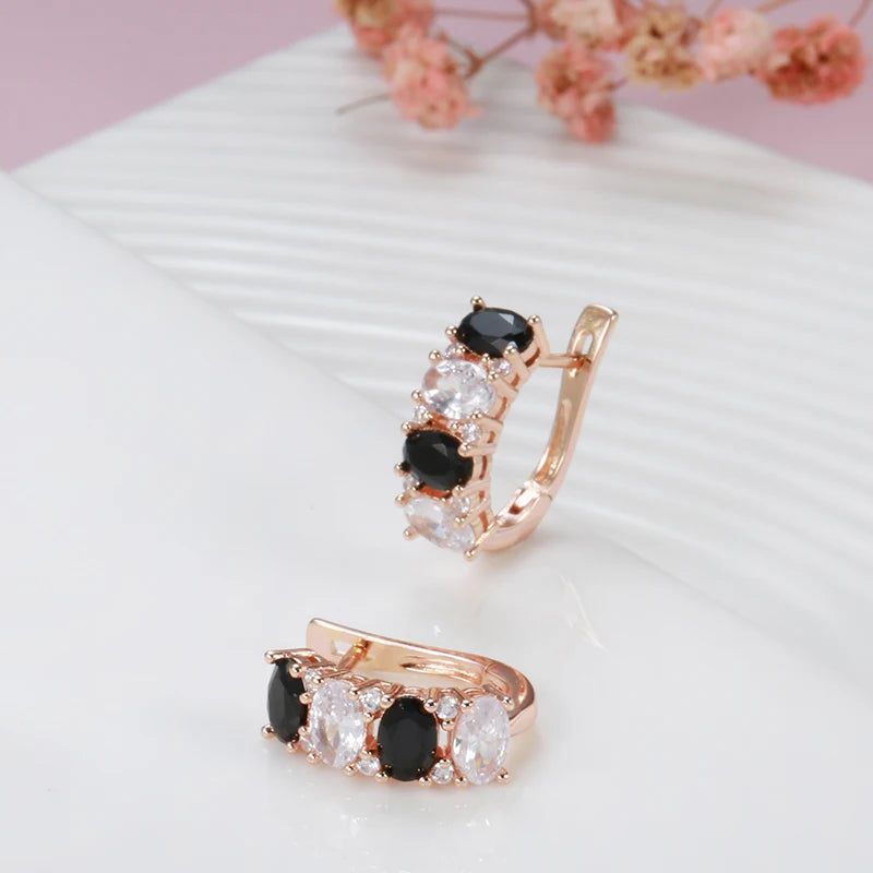 Vintage 585 Rose Gold Drop Earrings with Black Natural Zircon - Elegant High-Quality Jewelry