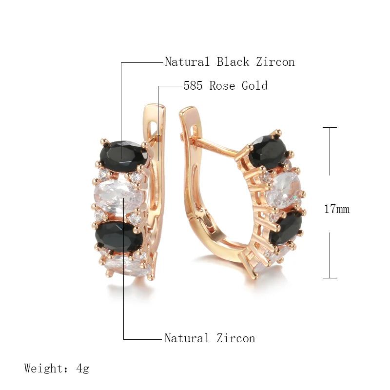 Vintage 585 Rose Gold Drop Earrings with Black Natural Zircon - Elegant High-Quality Jewelry