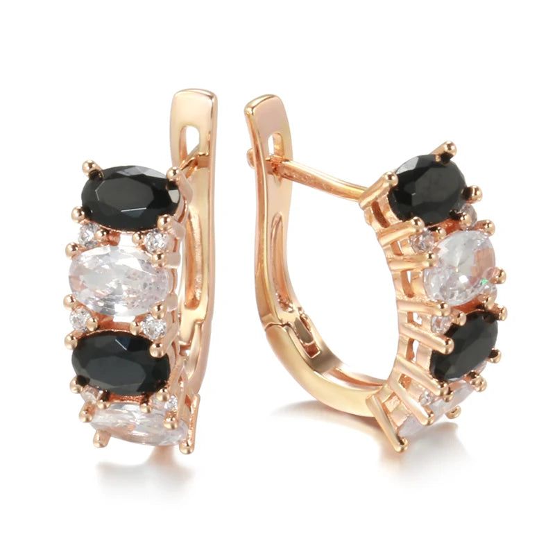 Vintage 585 Rose Gold Drop Earrings with Black Natural Zircon - Elegant High-Quality Jewelry