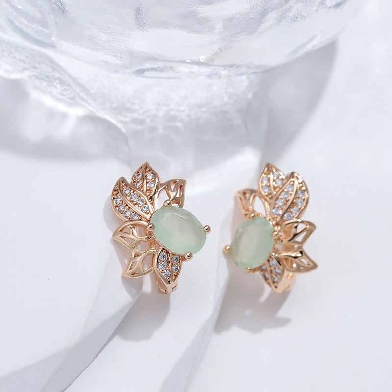 Vintage 585 Rose Gold Drop Earrings with Green Natural Zircon in Geometric Design