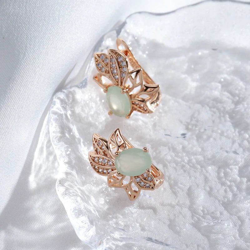 Vintage 585 Rose Gold Drop Earrings with Green Natural Zircon in Geometric Design