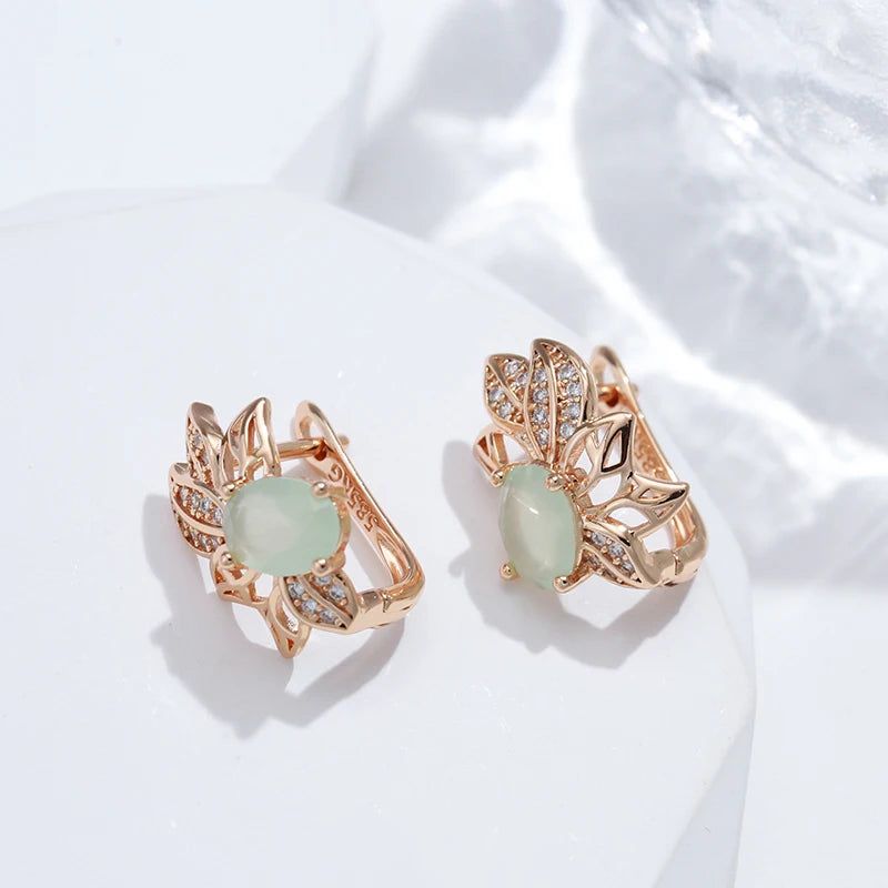 Vintage 585 Rose Gold Drop Earrings with Green Natural Zircon in Geometric Design