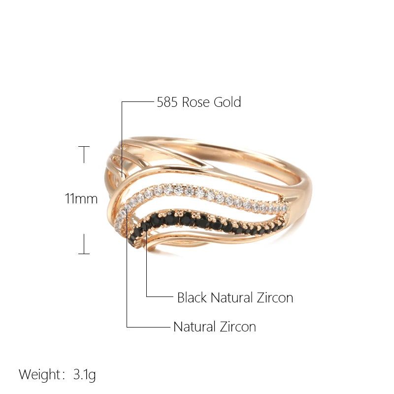 Vintage 585 Rose Gold Wave Ring with White and Black Natural Zircon Crystals