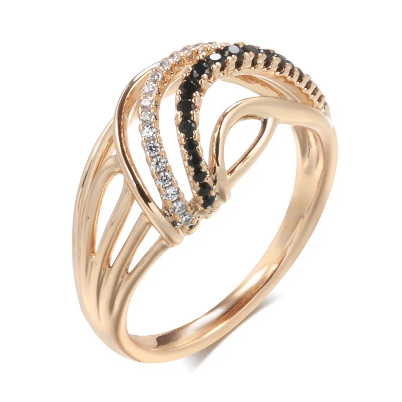 Vintage 585 Rose Gold Wave Ring with White and Black Natural Zircon Crystals