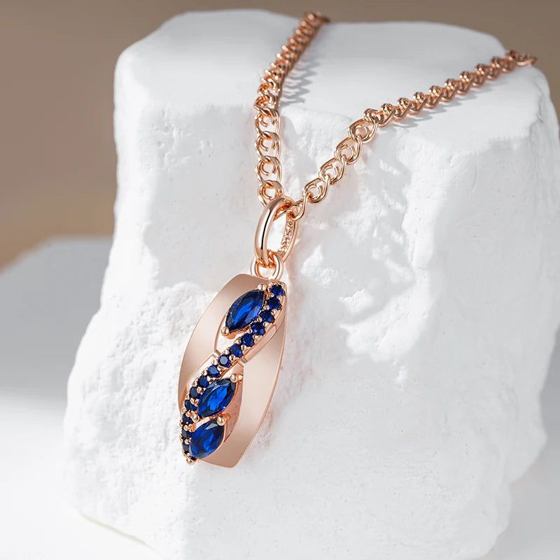 Vintage Blue Zircon Rhombus Pendant Necklace in 585 Rose Gold - Exquisite Fashion Jewelry