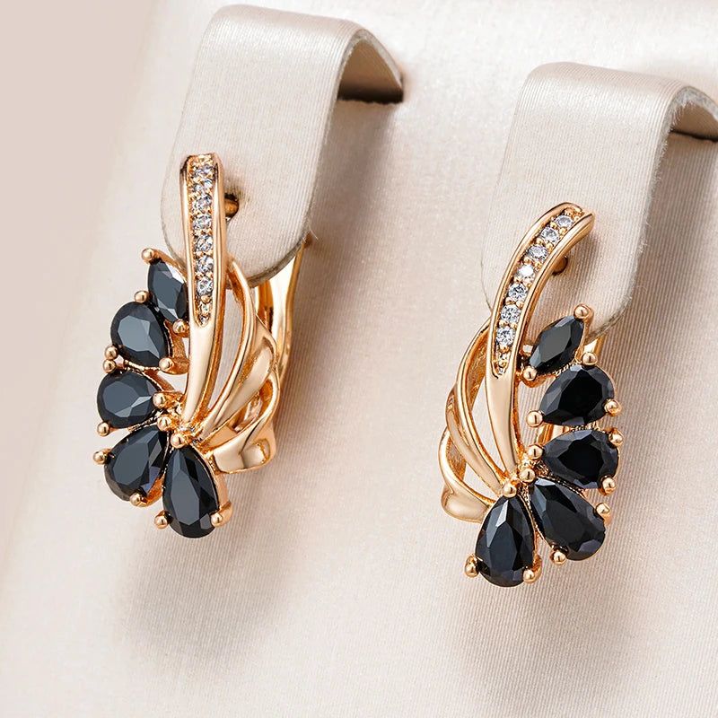 Vintage Chic 585 Rose Gold and Black White Zircon Geometric Drop Earrings