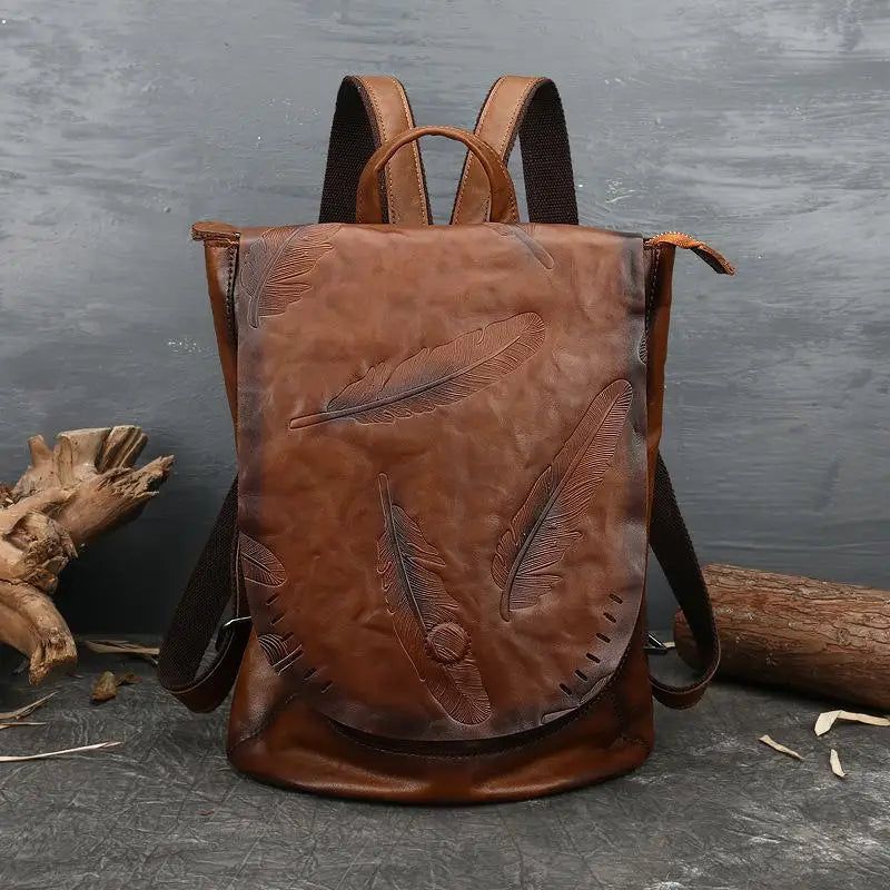 Vintage Cow Leather Women's Backpack - Large Capacity Travel Bag with Embossed Design