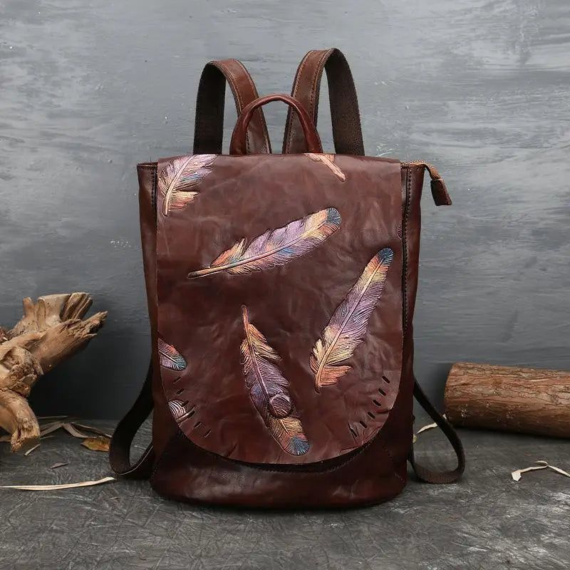 Vintage Cow Leather Women's Backpack - Large Capacity Travel Bag with Embossed Design