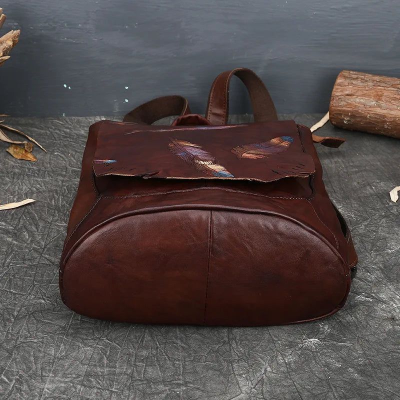 Vintage Cow Leather Women's Backpack - Large Capacity Travel Bag with Embossed Design