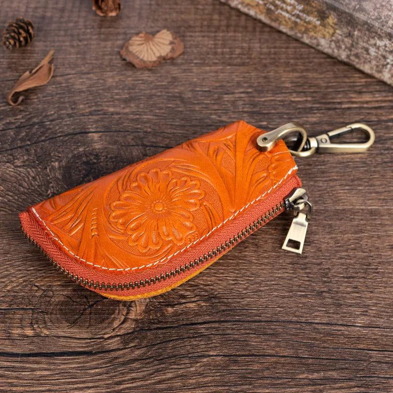 Vintage Cowhide Leather Car Key Wallet with Belt Buckle Attachment