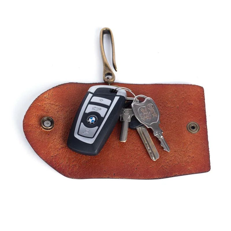 Vintage Cowhide Leather Car Key Wallet with Belt Buckle Attachment