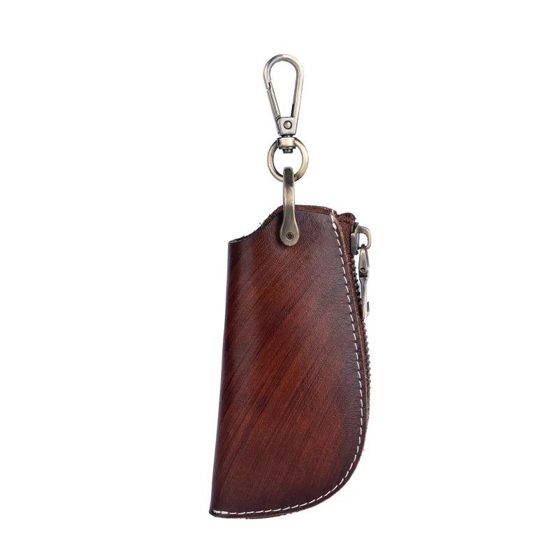 Vintage Cowhide Leather Car Key Wallet with Belt Buckle Attachment