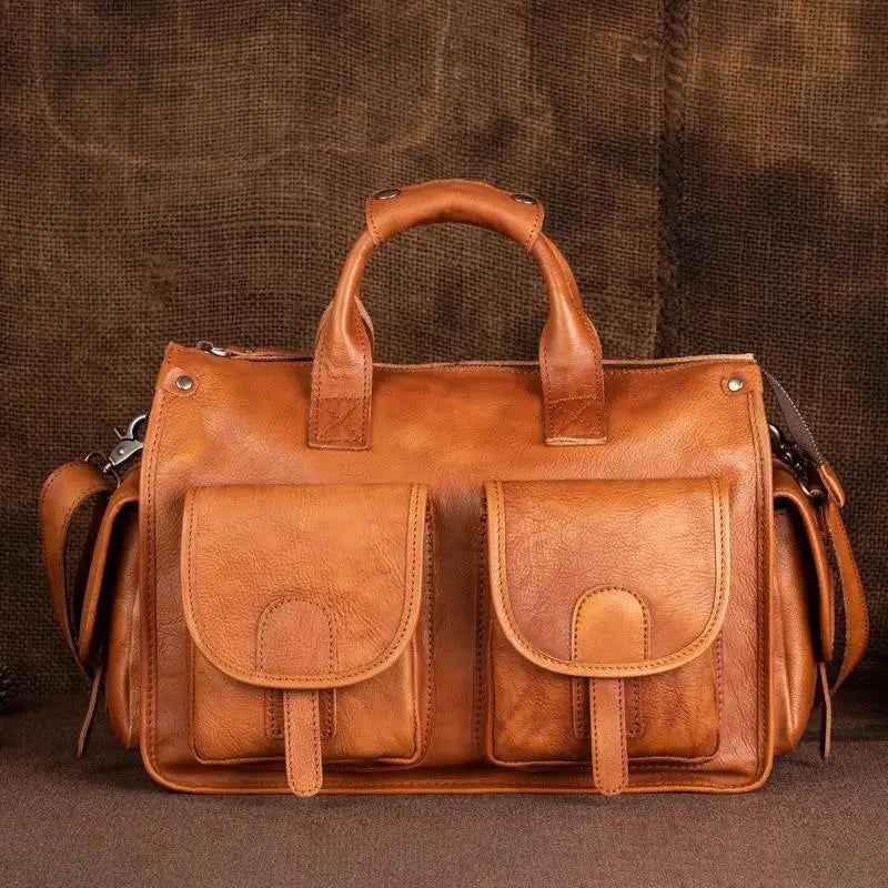 Vintage Cowhide Leather Men's Travel Duffle Bag - Large Capacity Weekender Tote