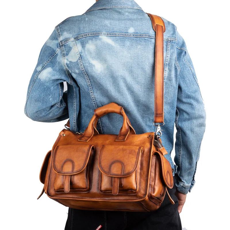 Vintage Cowhide Leather Men's Travel Duffle Bag - Large Capacity Weekender Tote