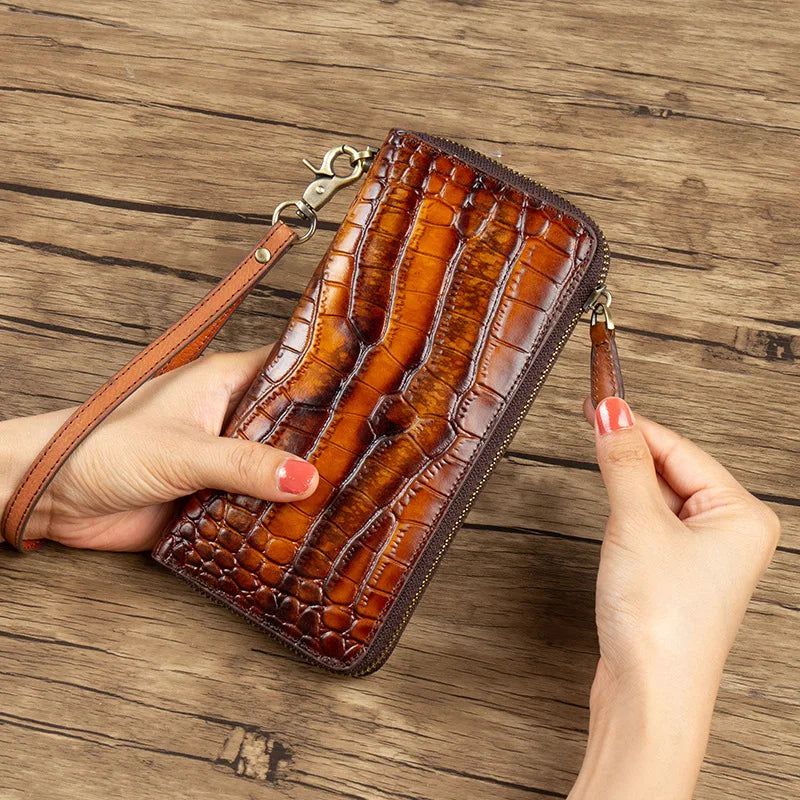 Vintage Crocodile Pattern Genuine Leather Women’s Long Zipper Clutch Wallet with Phone Purse Functionality