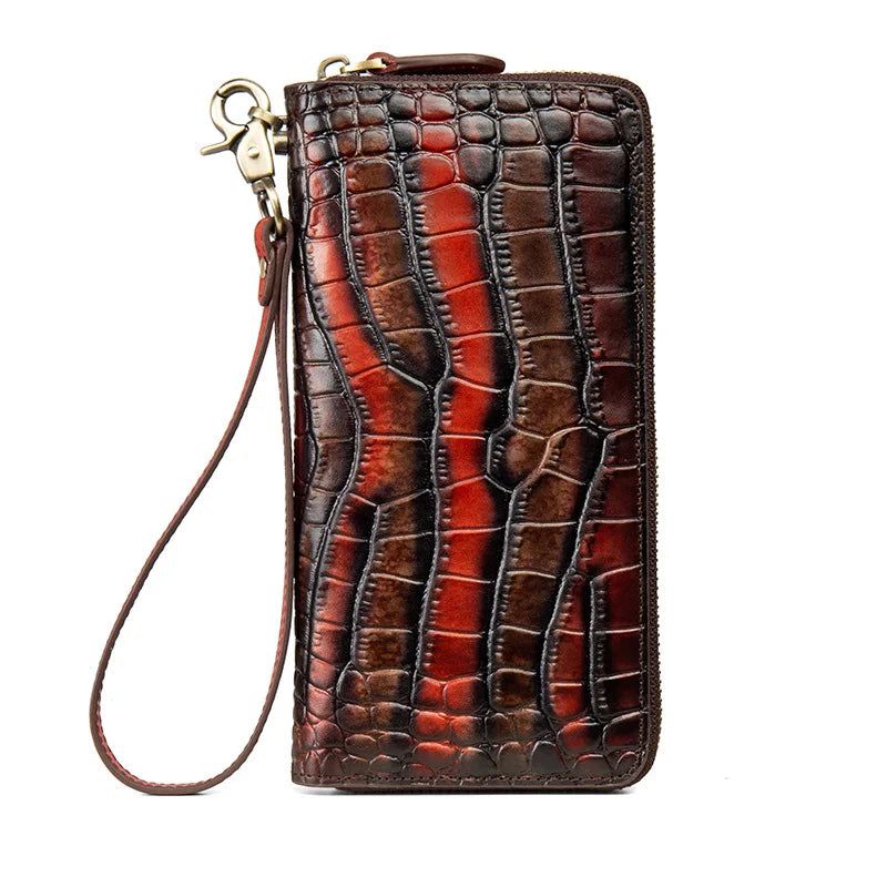 Vintage Crocodile Pattern Genuine Leather Women’s Long Zipper Clutch Wallet with Phone Purse Functionality