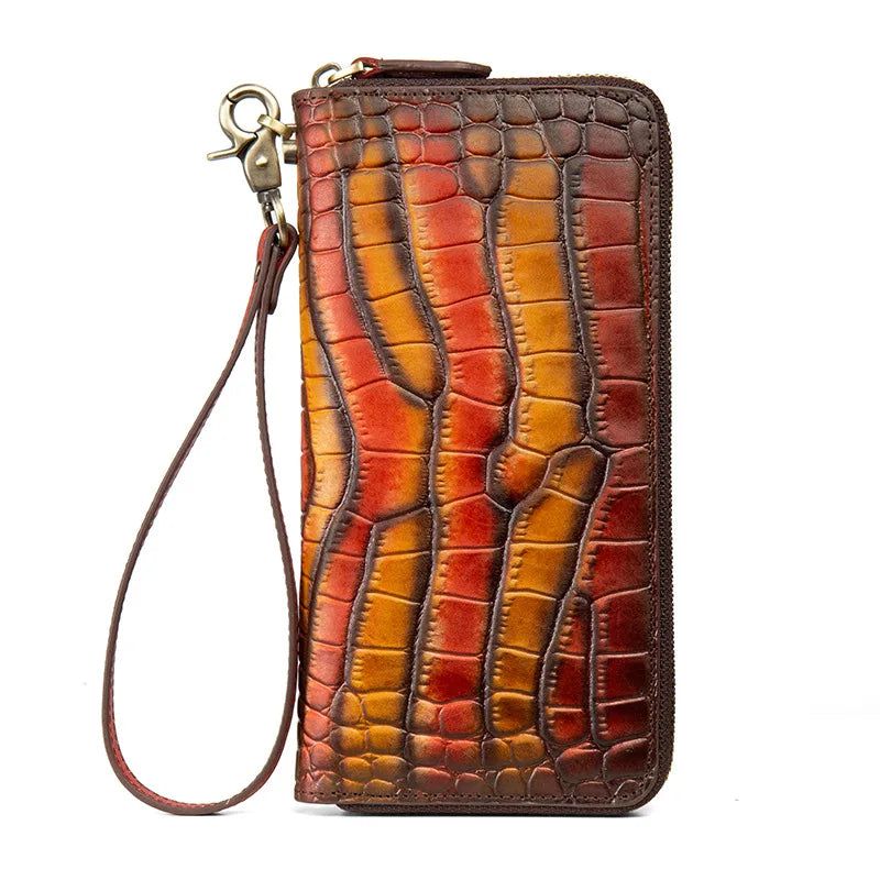 Vintage Crocodile Pattern Genuine Leather Women’s Long Zipper Clutch Wallet with Phone Purse Functionality