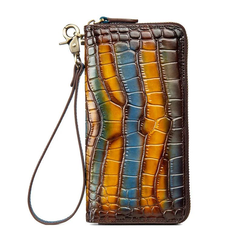 Vintage Crocodile Pattern Genuine Leather Women’s Long Zipper Clutch Wallet with Phone Purse Functionality