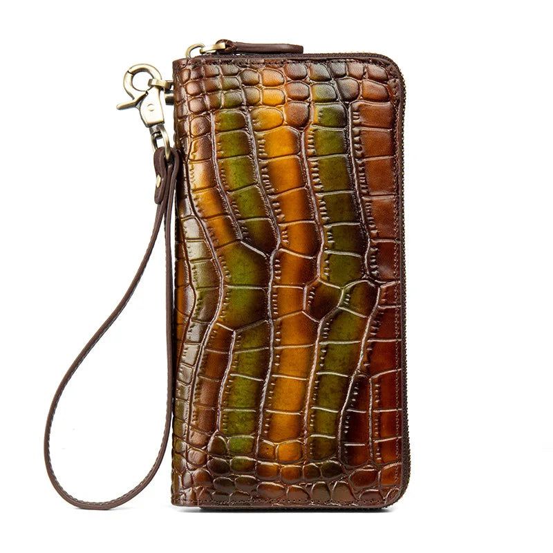 Vintage Crocodile Pattern Genuine Leather Women’s Long Zipper Clutch Wallet with Phone Purse Functionality