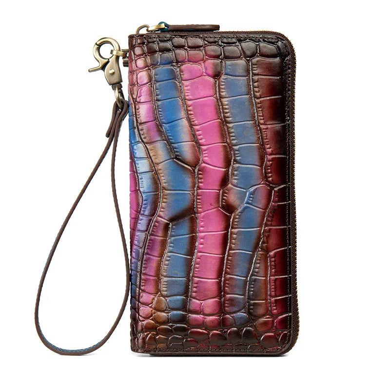 Vintage Crocodile Pattern Genuine Leather Women’s Long Zipper Clutch Wallet with Phone Purse Functionality