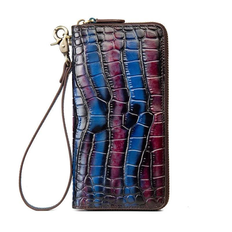 Vintage Crocodile Pattern Genuine Leather Women’s Long Zipper Clutch Wallet with Phone Purse Functionality