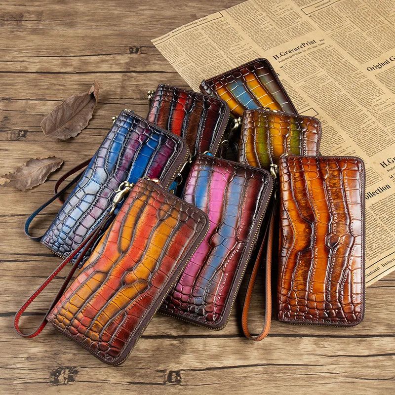 Vintage Crocodile Pattern Genuine Leather Women’s Long Zipper Clutch Wallet with Phone Purse Functionality