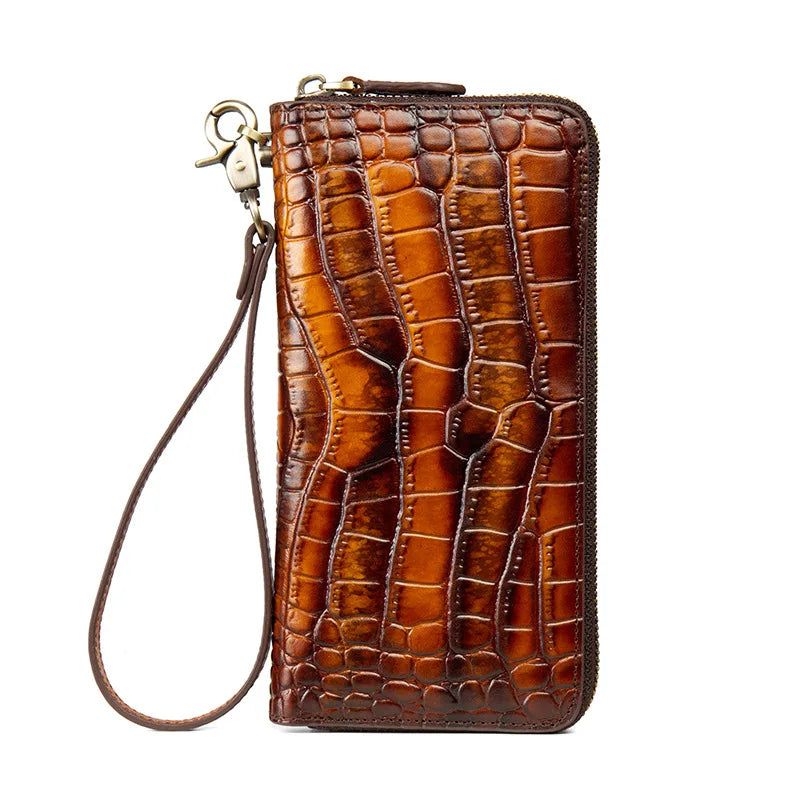 Vintage Crocodile Pattern Genuine Leather Women’s Long Zipper Clutch Wallet with Phone Purse Functionality