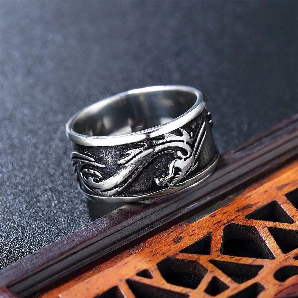 Vintage Dragon Stamp Men's Stainless Steel Ring - Punk Hip Hop Fashion Jewelry Gift