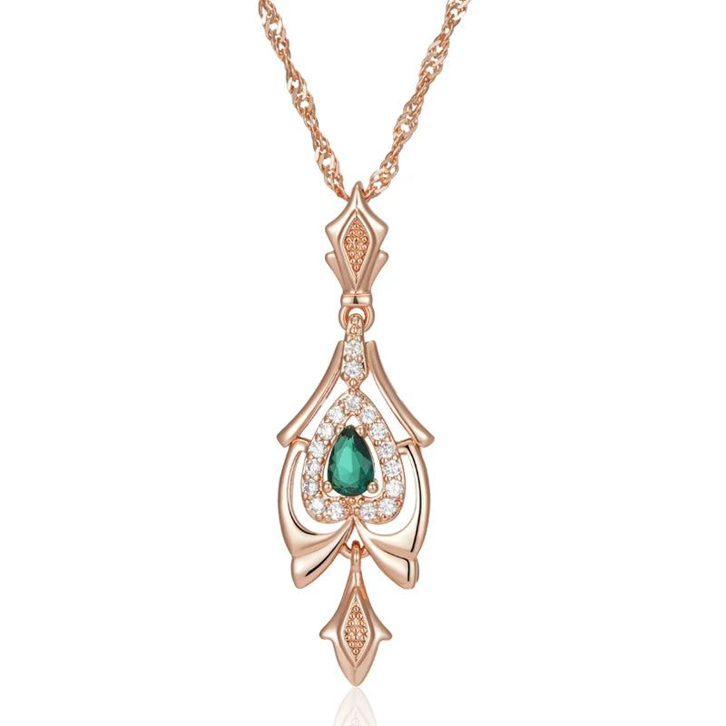 Vintage Elegance: 585 Rose Gold Crystal Flower Pendant Necklace with Green Natural Zircon