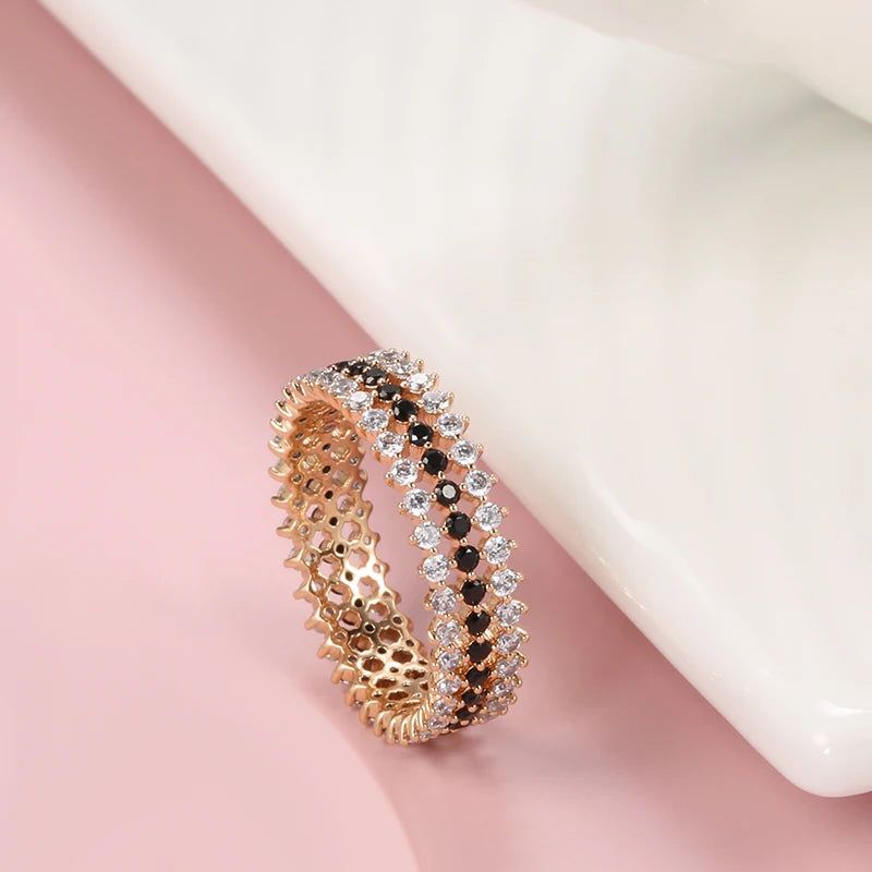 Vintage Elegance 585 Rose Gold Ring with Black and White Natural Zircon - Shiny Bridal Jewelry