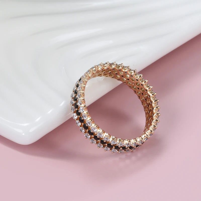 Vintage Elegance 585 Rose Gold Ring with Black and White Natural Zircon - Shiny Bridal Jewelry