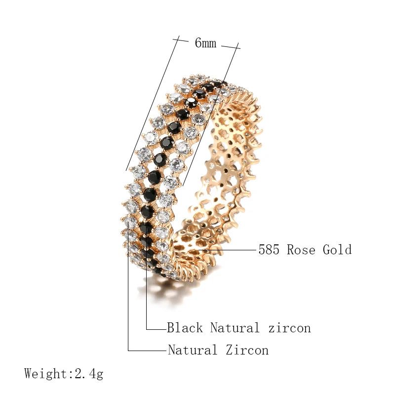 Vintage Elegance 585 Rose Gold Ring with Black and White Natural Zircon - Shiny Bridal Jewelry