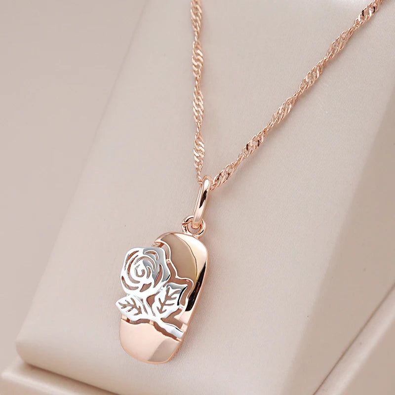 Vintage Elegance 585 Rose Gold and Silver Hollow Rose Flower Pendant Necklace