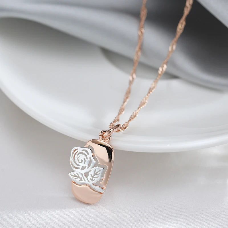 Vintage Elegance 585 Rose Gold and Silver Hollow Rose Flower Pendant Necklace