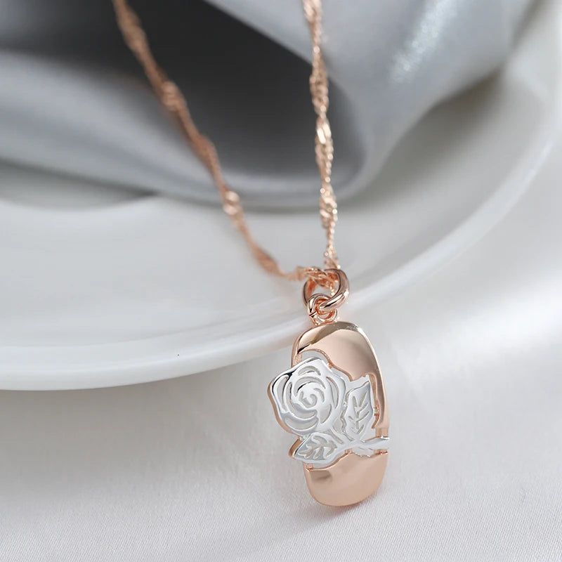 Vintage Elegance 585 Rose Gold and Silver Hollow Rose Flower Pendant Necklace