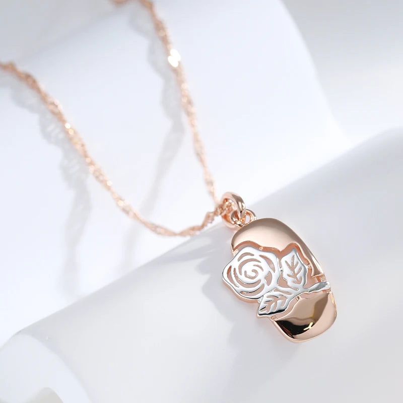 Vintage Elegance 585 Rose Gold and Silver Hollow Rose Flower Pendant Necklace