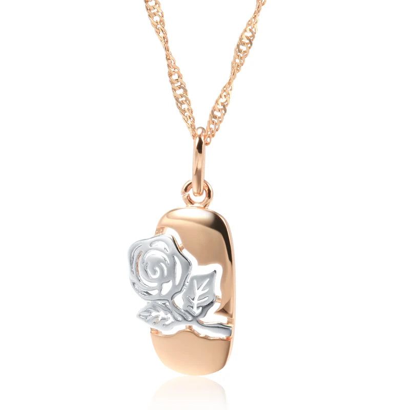 Vintage Elegance 585 Rose Gold and Silver Hollow Rose Flower Pendant Necklace