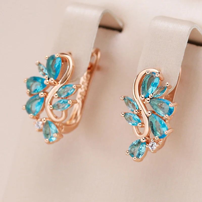 Vintage Elegance: Blue Zircon Flower Drop Earrings in 585 Rose Gold