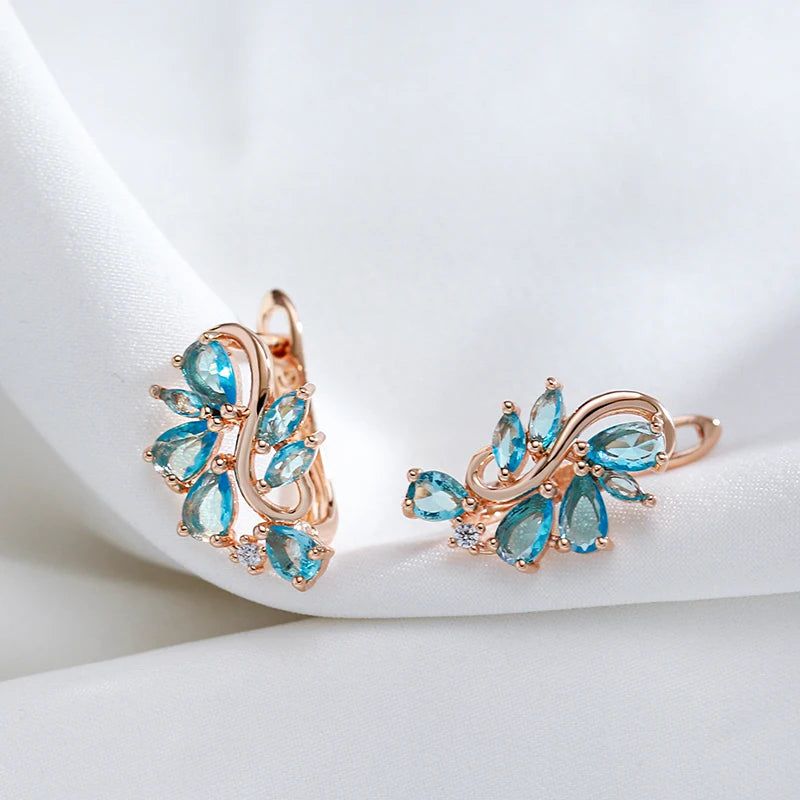 Vintage Elegance: Blue Zircon Flower Drop Earrings in 585 Rose Gold