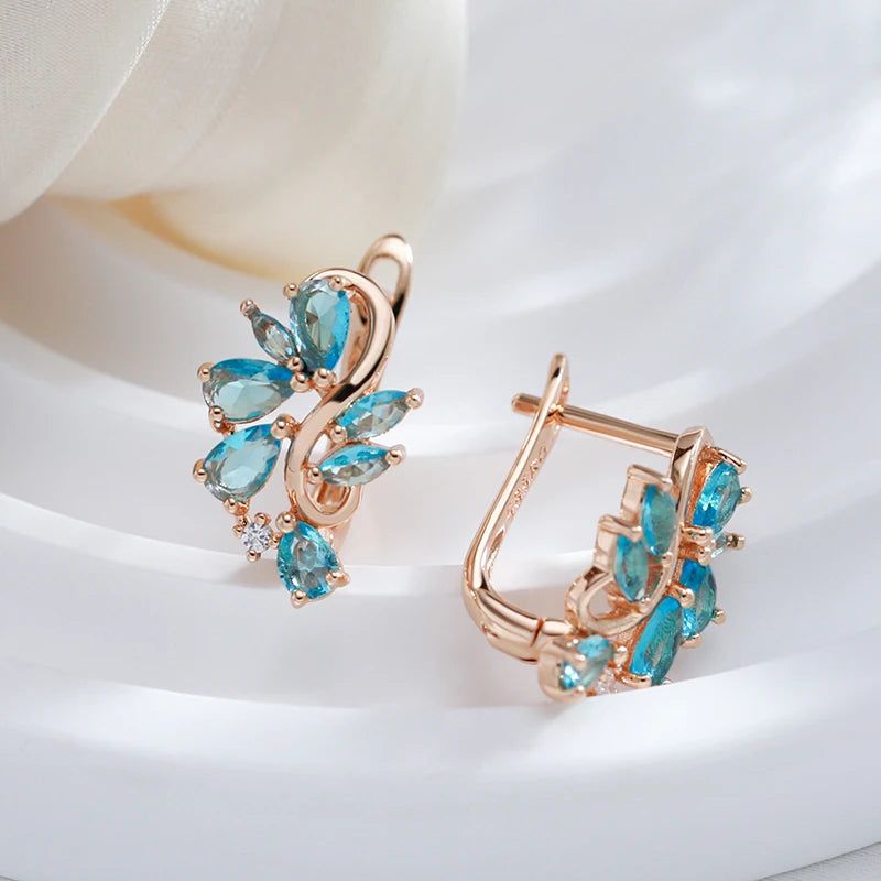 Vintage Elegance: Blue Zircon Flower Drop Earrings in 585 Rose Gold