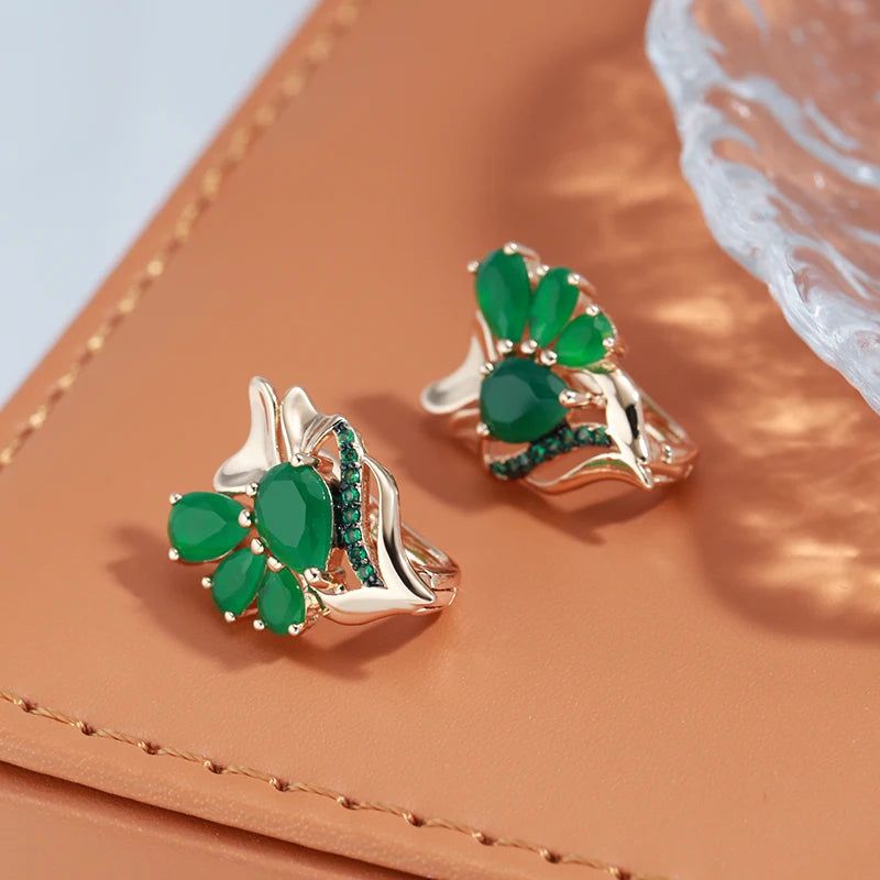 Vintage Elegance: Dark Green Natural Zircon Drop Earrings in 585 Rose Gold with Black Plating