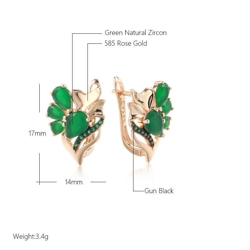 Vintage Elegance: Dark Green Natural Zircon Drop Earrings in 585 Rose Gold with Black Plating