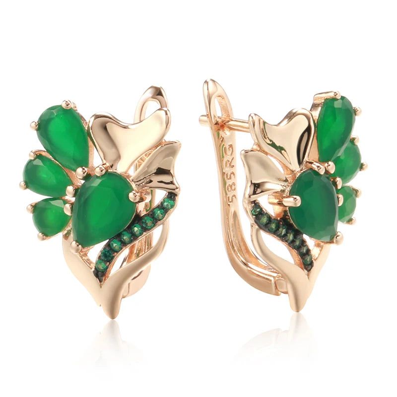 Vintage Elegance: Dark Green Natural Zircon Drop Earrings in 585 Rose Gold with Black Plating