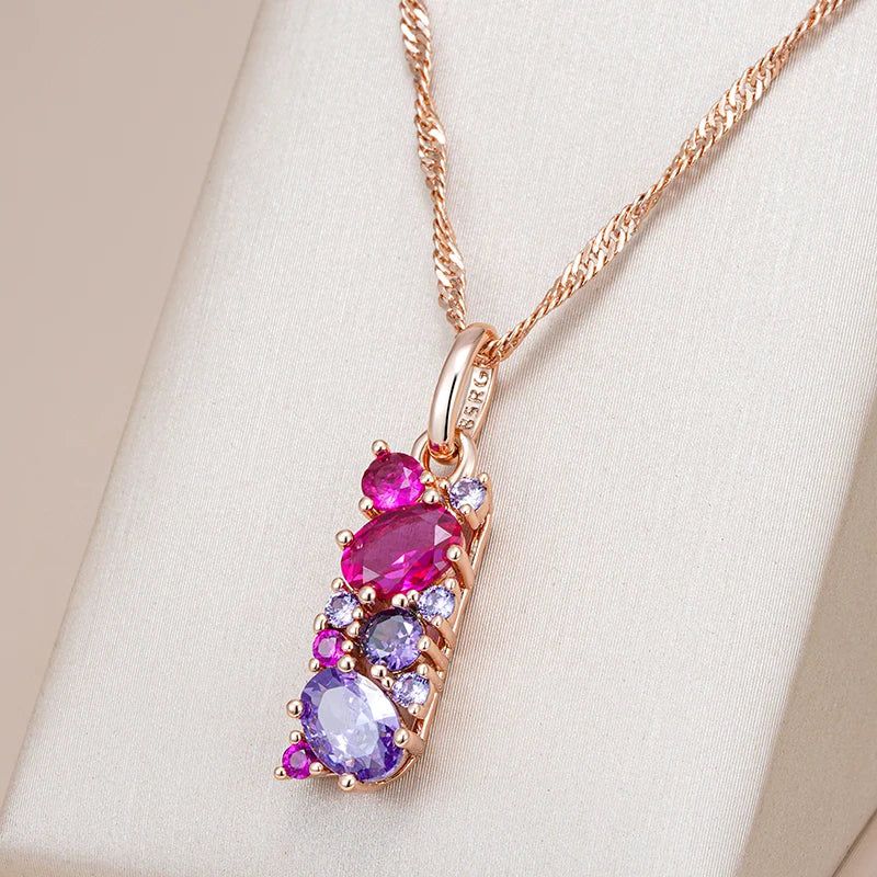 Vintage Elegance Red Purple Zircon Pendant Necklace in Rose Gold Finish