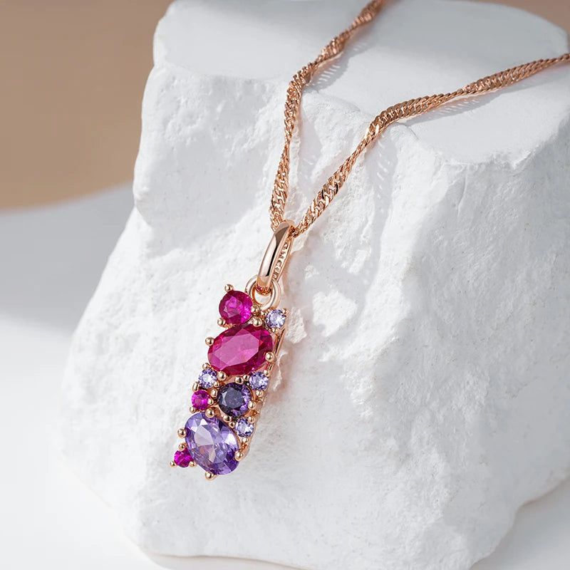 Vintage Elegance Red Purple Zircon Pendant Necklace in Rose Gold Finish