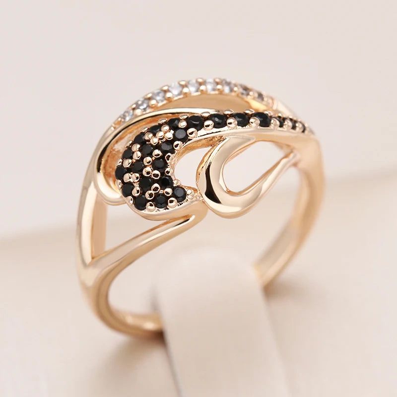 Vintage Elegance Rose Gold Cross Wave Ring with Black Natural Zircon