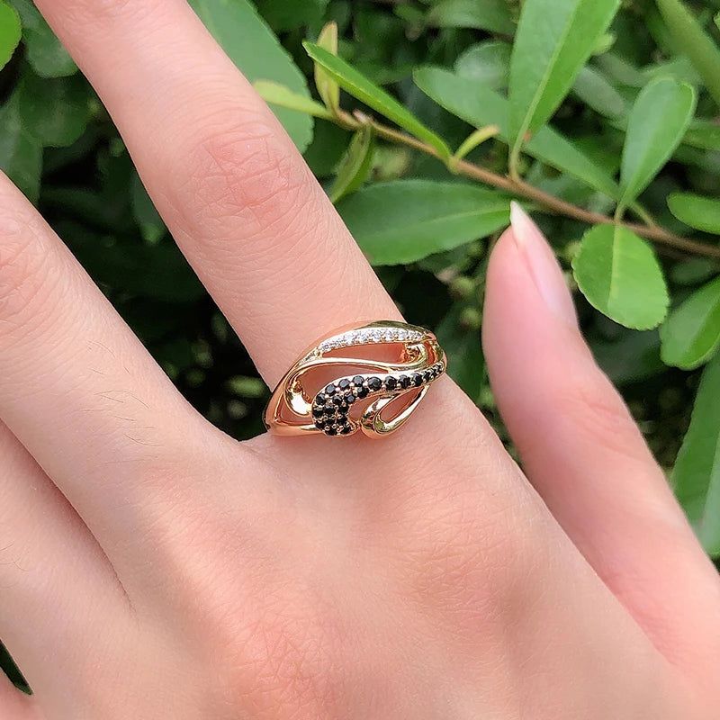 Vintage Elegance Rose Gold Cross Wave Ring with Black Natural Zircon