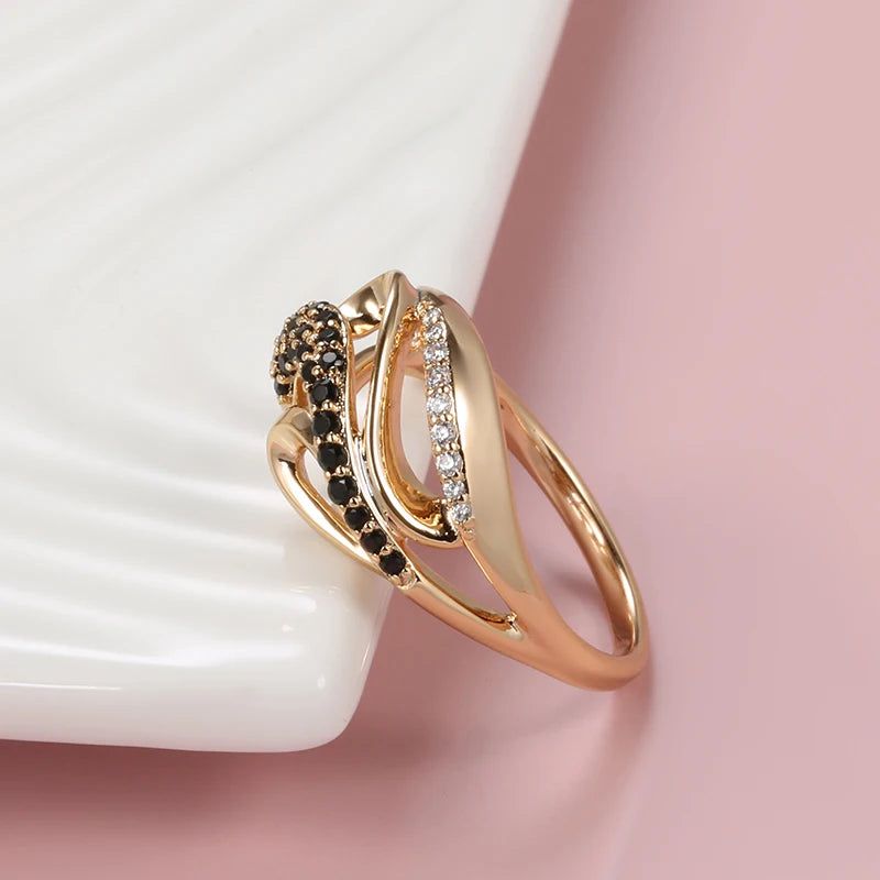 Vintage Elegance Rose Gold Cross Wave Ring with Black Natural Zircon