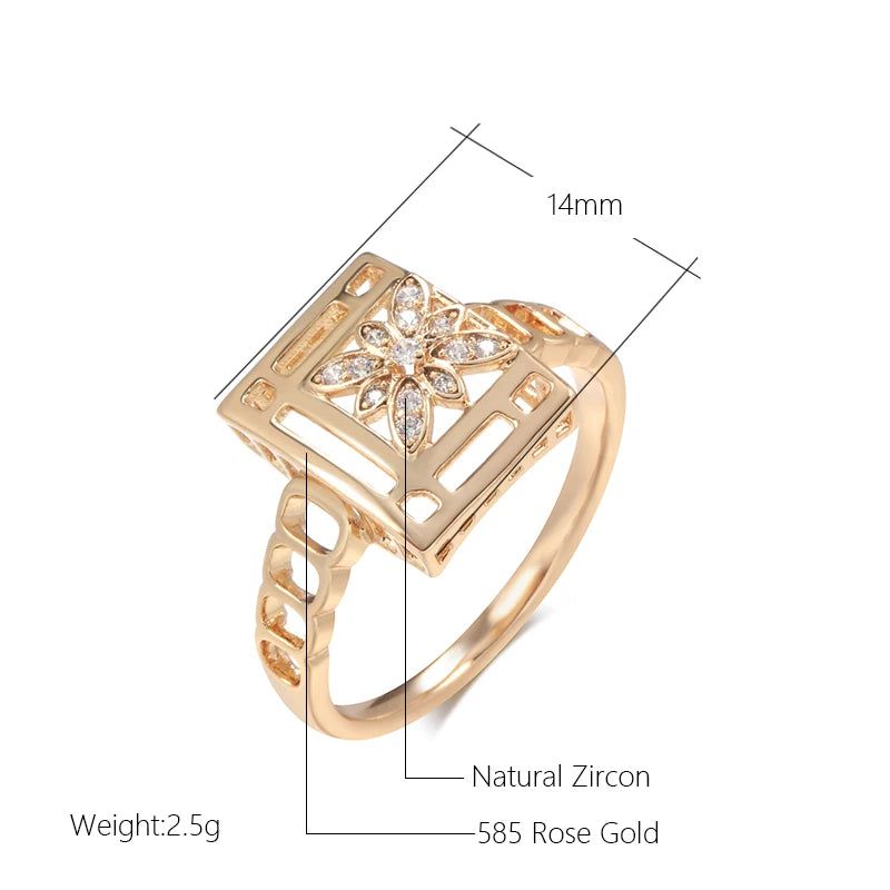 Vintage Elegance: Square Crystal Flower Ring in 585 Rose Gold with Natural Zircon